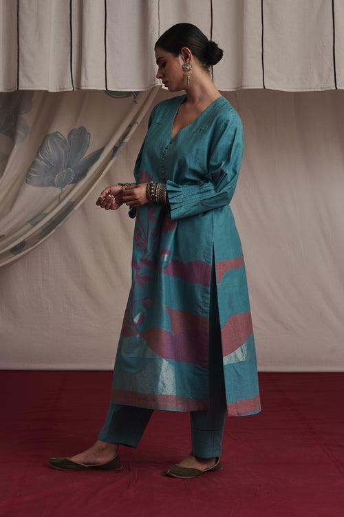 Ice blue hand woven silk and khadi cotton jamdani Aiza kurta set