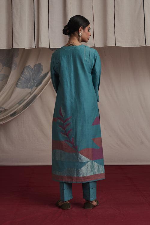 Ice blue hand woven silk and khadi cotton jamdani Aiza kurta set