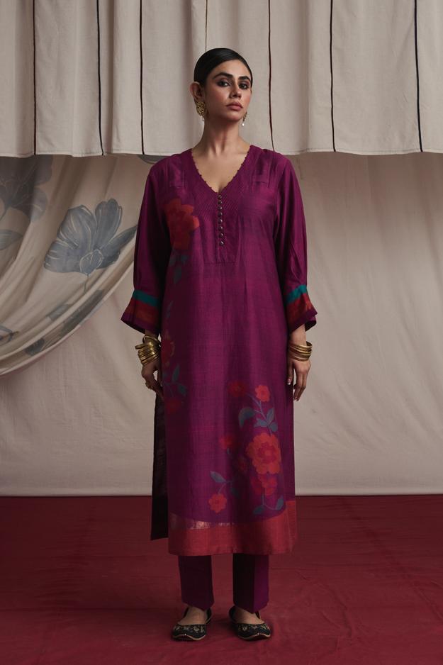 Magenta hand woven silk and khadi cotton jamdani Preet kurta set.