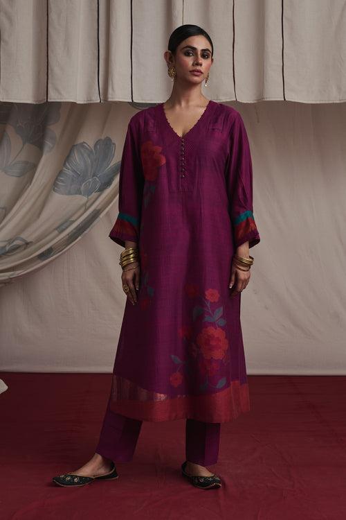 Magenta hand woven silk and khadi cotton jamdani Preet kurta set.