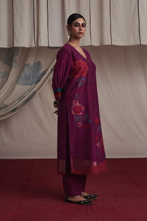 Magenta hand woven silk and khadi cotton jamdani Preet kurta set.