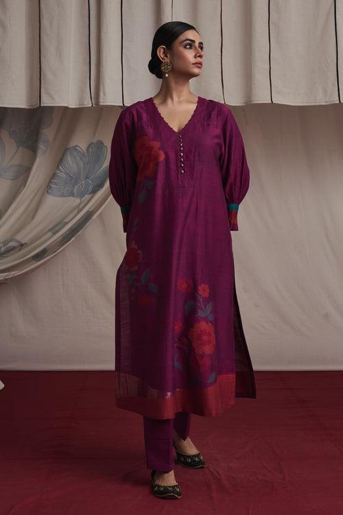 Magenta hand woven silk and khadi cotton jamdani Preet kurta set.