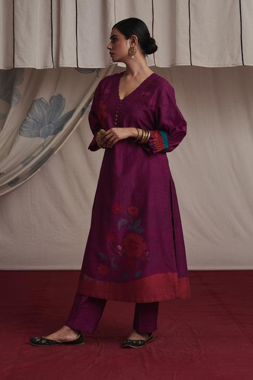 Magenta hand woven silk and khadi cotton jamdani Preet kurta set.