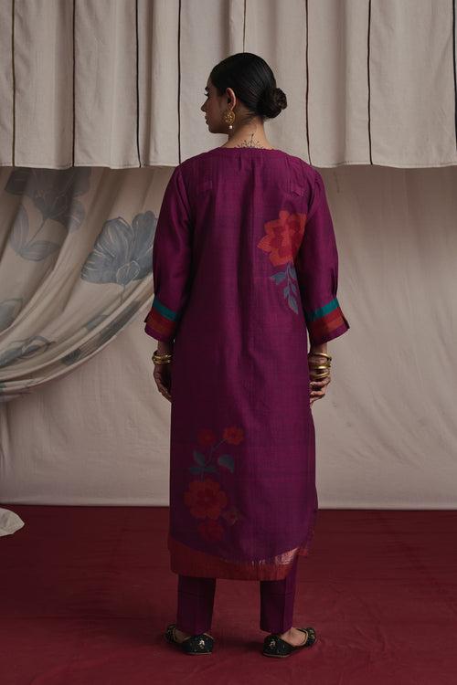 Magenta hand woven silk and khadi cotton jamdani Preet kurta set.