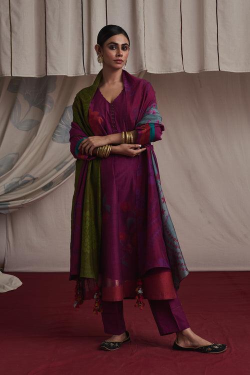 Magenta hand woven silk and khadi cotton jamdani Preet kurta set.