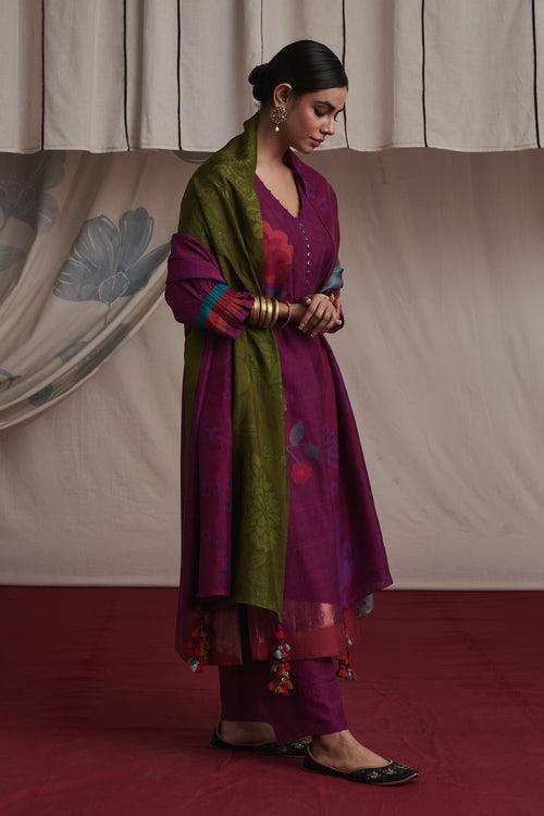 Magenta hand woven silk and khadi cotton jamdani Preet kurta set.