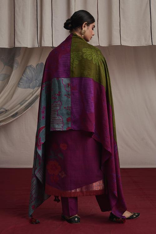 Magenta hand woven silk and khadi cotton jamdani Preet kurta set.