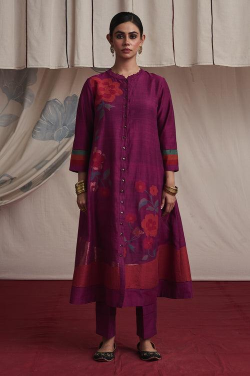 Magenta hand woven silk and khadi cotton jamdani Sanaya kurta set