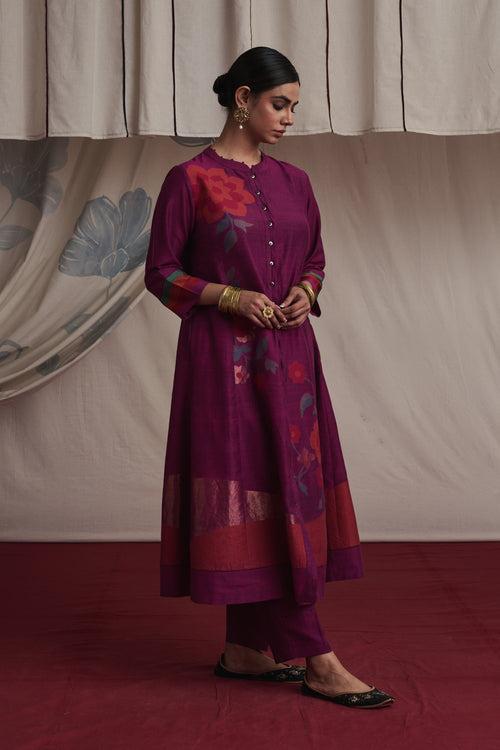 Magenta hand woven silk and khadi cotton jamdani Sanaya kurta set