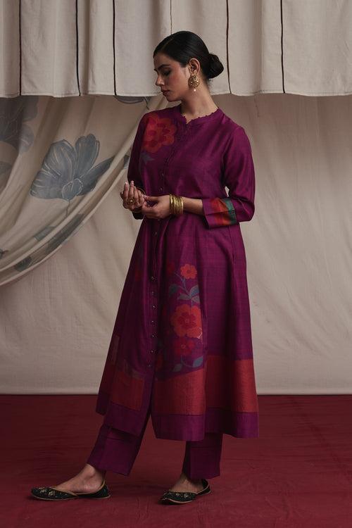 Magenta hand woven silk and khadi cotton jamdani Sanaya kurta set