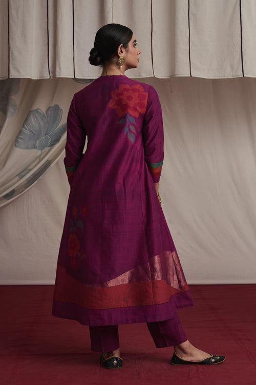 Magenta hand woven silk and khadi cotton jamdani Sanaya kurta set