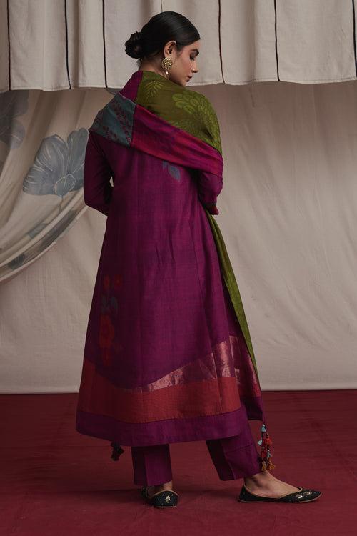 Magenta hand woven silk and khadi cotton jamdani Sanaya kurta set