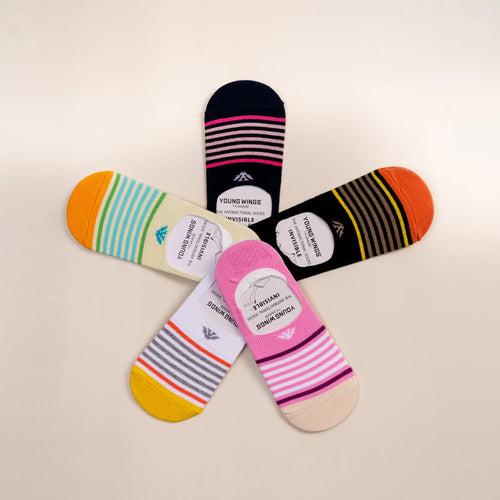 Young Wings Women's Multi Colour Cotton Fabric Design No-Show Socks - Pack of 5, Style no. 9011-W1