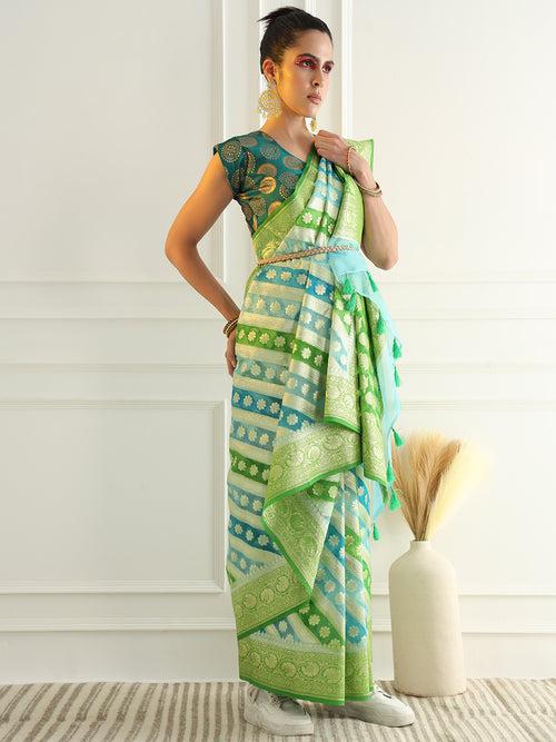 Multicolor Striped Organza Saree with Intricate Floral Zari motifs