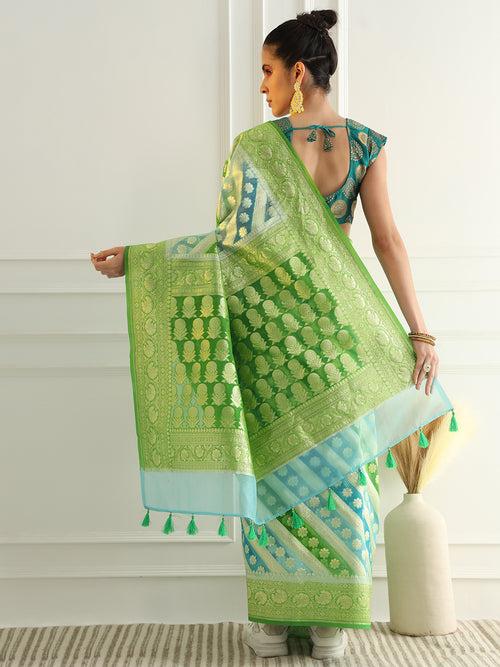 Multicolor Striped Organza Saree with Intricate Floral Zari motifs