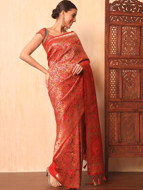 Red Khinkhwab Banarasi Brocade Handwoven Traditional Saree