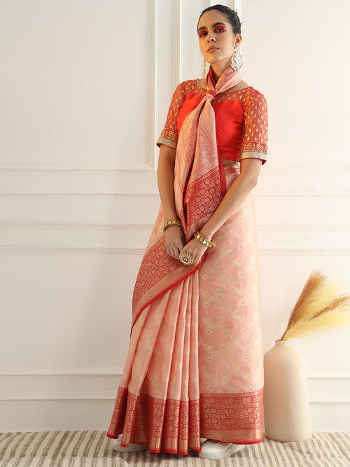 Colorblocked Banarasi Silk Saree with Meenakari Zari Floral Motifs