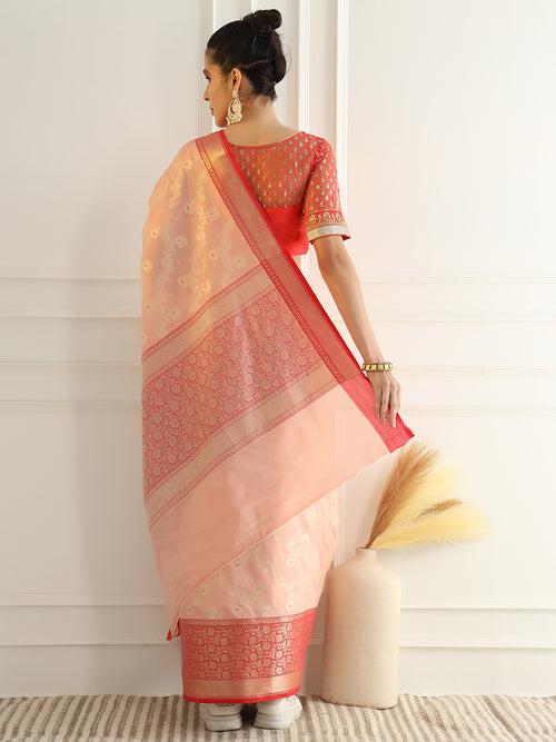 Colorblocked Banarasi Silk Saree with Meenakari Zari Floral Motifs