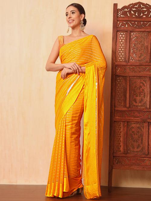 Haldi Yellow Lurex Zari Striped Lightweight Girlish Leheriya Saree