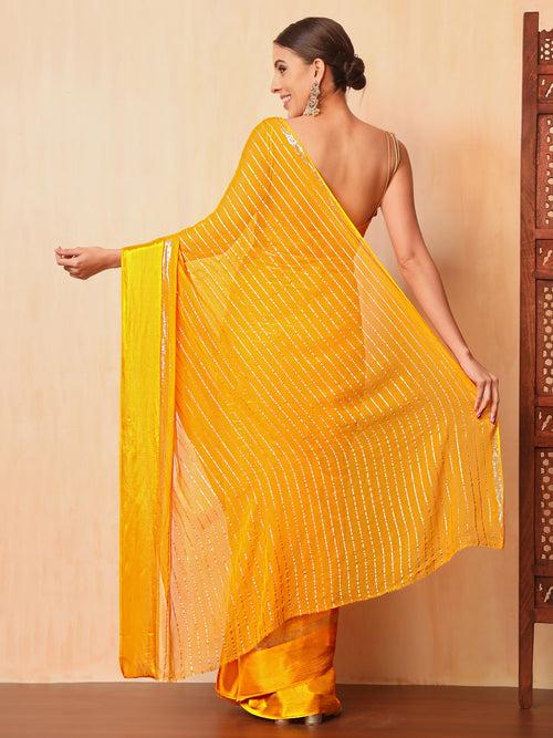 Haldi Yellow Lurex Zari Striped Lightweight Girlish Leheriya Saree