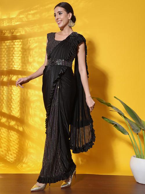 Ready to Wear Black Sequence Embellished Draped Lycra Belted Saree