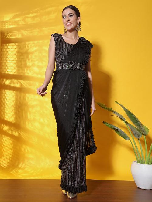 Ready to Wear Black Sequence Embellished Draped Lycra Belted Saree