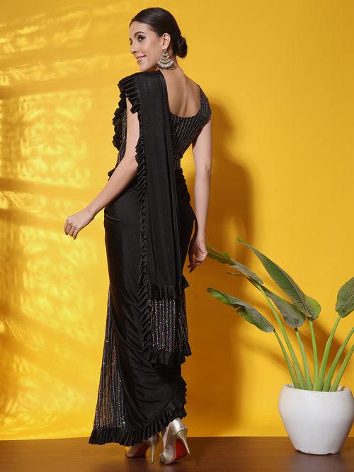 Ready to Wear Black Sequence Embellished Draped Lycra Belted Saree