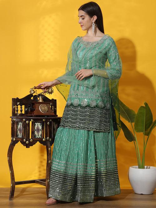 Mirror & Zircon Embellished Ombre Kurta Gharara Set with Embroidery