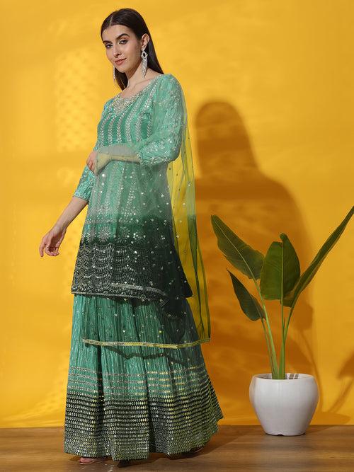 Mirror & Zircon Embellished Ombre Kurta Gharara Set with Embroidery