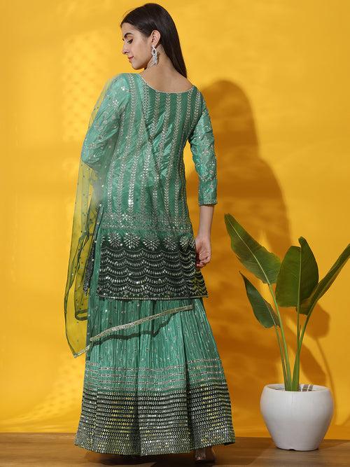 Mirror & Zircon Embellished Ombre Kurta Gharara Set with Embroidery