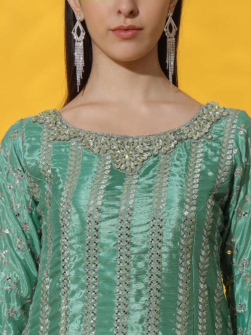 Mirror & Zircon Embellished Ombre Kurta Gharara Set with Embroidery