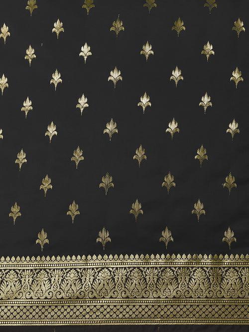 Golden Zari Woven Mysore Silk Handloom Saree with Floral motifs