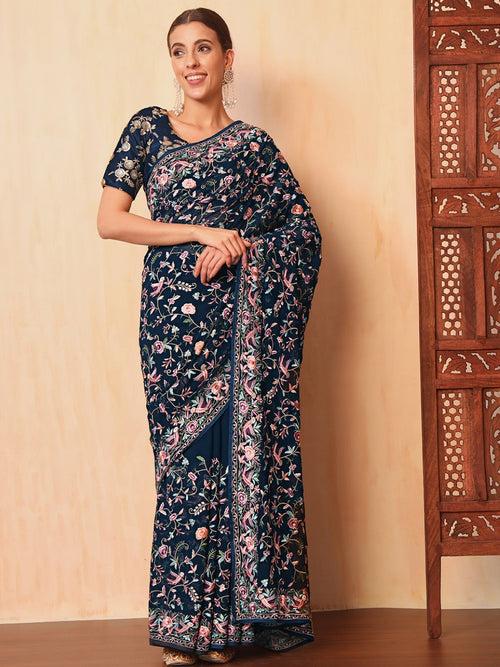 Navy Blue Parsi Resham Embroidery Saree with Intricate Floral Motifs