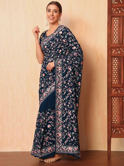 Navy Blue Parsi Resham Embroidery Saree with Intricate Floral Motifs