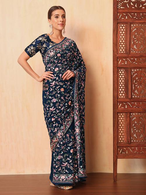 Navy Blue Parsi Resham Embroidery Saree with Intricate Floral Motifs