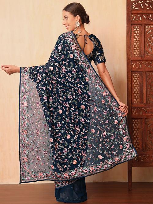 Navy Blue Parsi Resham Embroidery Saree with Intricate Floral Motifs