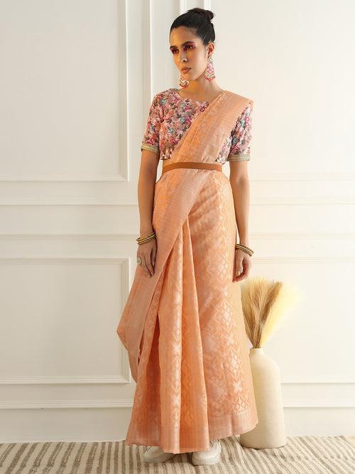 Pastel Chanderi Silk saree with Subtle Zari Geometric patterns