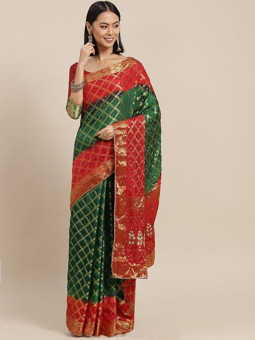 Green Red Zari Woven Khadhi Saree Embellished With Gota-Patti Laces