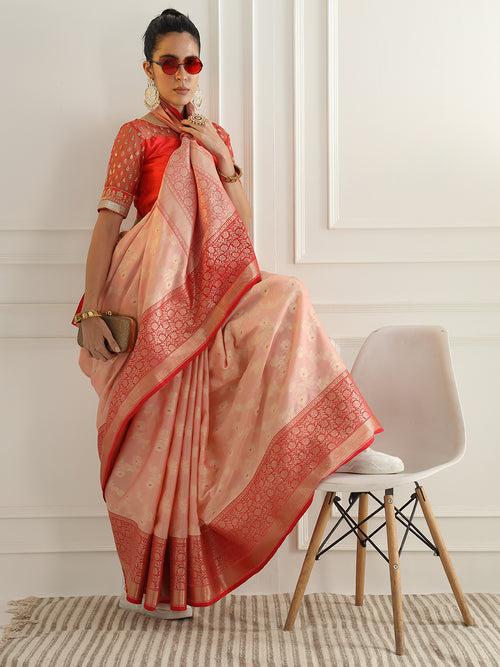 Colorblocked Banarasi Silk Saree with Meenakari Zari Floral Motifs