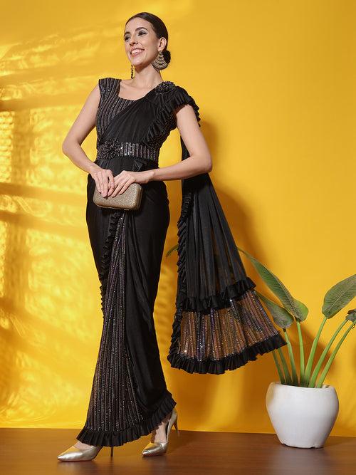 Ready to Wear Black Sequence Embellished Draped Lycra Belted Saree