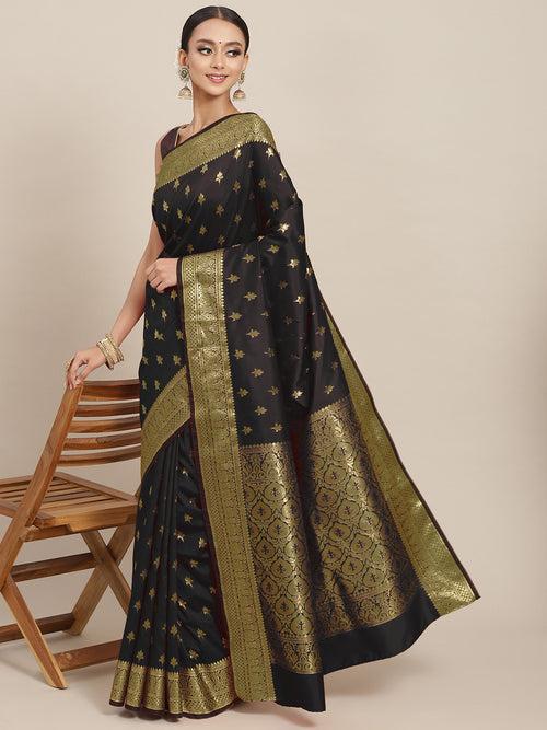 Golden Zari Woven Mysore Silk Handloom Saree with Floral motifs