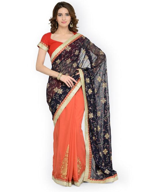 Orange & Blue Embroidered Georgette Party Wear Saree