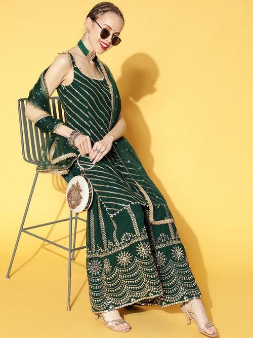 Bottle Green Sequence Embellished Kurta Sharara Set, Net Lace Dupatta