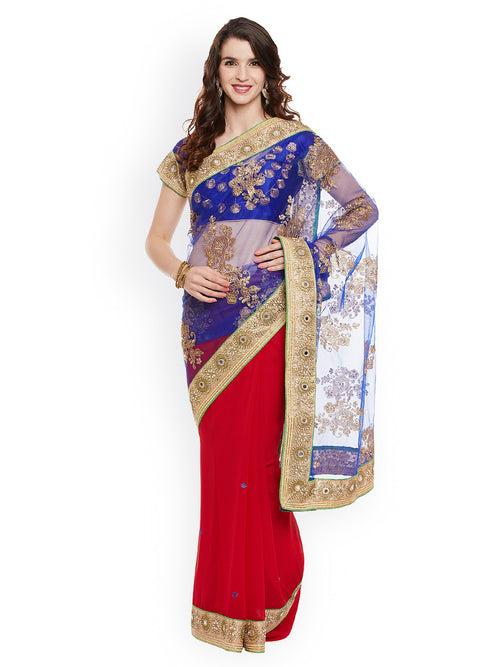 Blue & Red Embroidered Georgette Half & Half Saree With Net Pallu