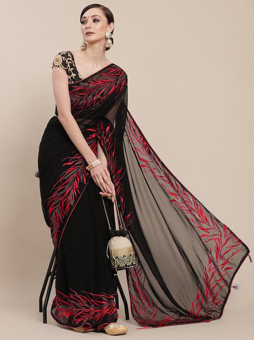 Black & Red Georgette Sree with Embroiderey & Crystal Embellishments