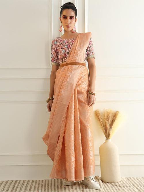 Pastel Chanderi Silk saree with Subtle Zari Geometric patterns