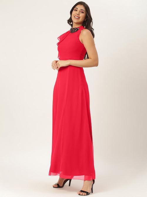 Red Solid Maxi Dress with Embellished Neck