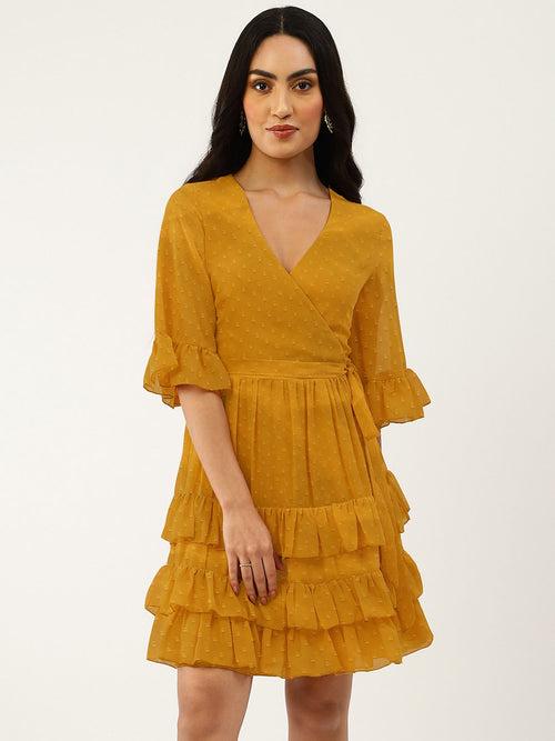 Trendy Divva Mustard Dobby Wrap Dress