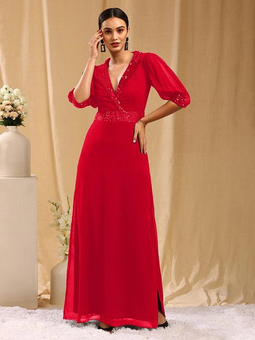 Red Embellished Slit Long Dress with 3/4 Sleeves