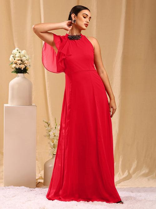 Red Solid Maxi Dress with Embellished Neck